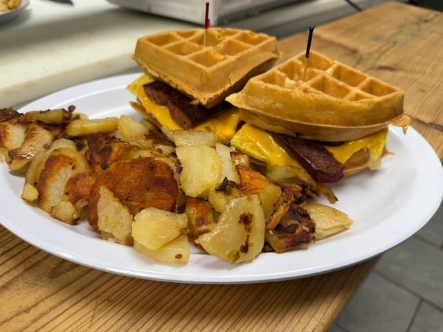 Belgian Waffle with Two Eggs & Meat.